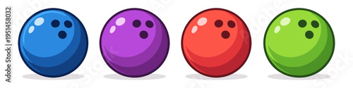 Four colorful bowling balls lined up, blue, purple, red, and green, with finger holes