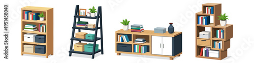 Collection of modern shelving units filled with books and decorative items