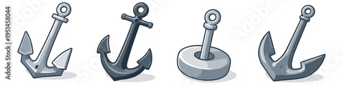 Collection of four cartoon anchors and a mooring buoy on a white background