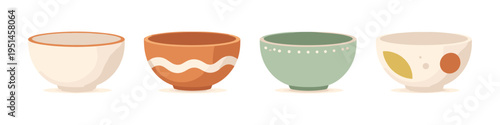 Collection of four decorative ceramic bowls with unique patterns and colors
