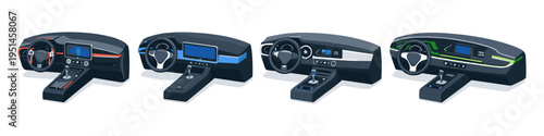 Modern car dashboard designs with digital displays and automatic gear shifts