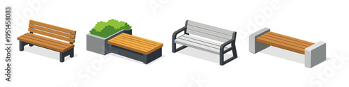 Collection of modern park benches with diverse designs and materials