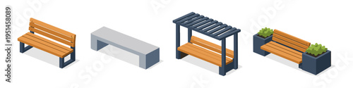Collection of isometric park benches and seating elements for urban design
