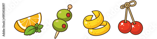 Set of cartoon cocktail garnishes including orange slice, olives, lemon peel, and cherries