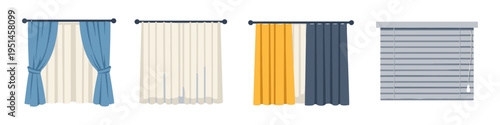 Collection of different window treatments including curtains and blinds