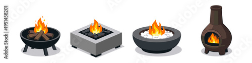 Collection of four outdoor fire pits and chiminea with flames burning