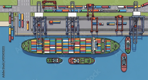 Aerial View of a Container Ship at a Busy Port.