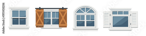 Collection of four distinct architectural window designs with white frames and blue panes