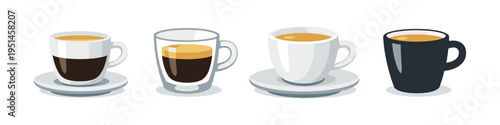 Collection of four different espresso cups with coffee and crema on saucers