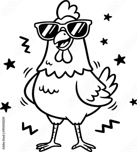 Cool cartoon chicken character wearing large sunglasses, humorous poultry design with doodle lightning bolts and stars, isolated vector illustration, scalable graphic element for merch print
