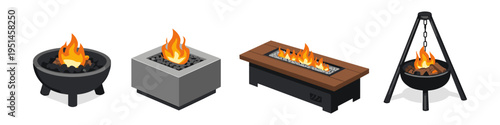 Collection of four distinct outdoor fire pit designs with burning flames