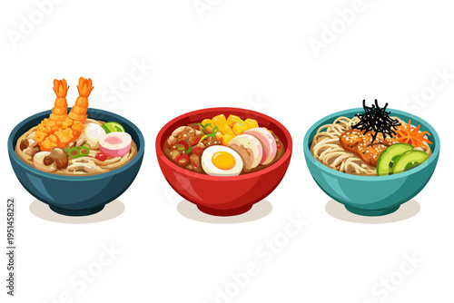 Three delicious bowls of Japanese ramen noodles with various toppings and ingredients