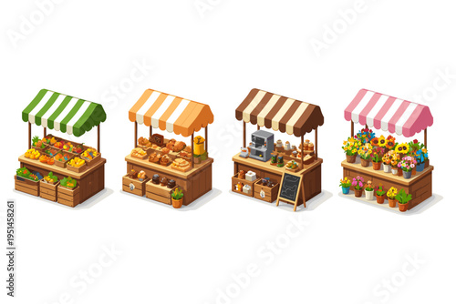 Collection of four diverse market stalls featuring produce, baked goods, coffee, and flowers
