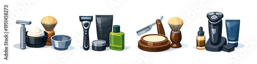 Collection of men's grooming and shaving products arranged in a line
