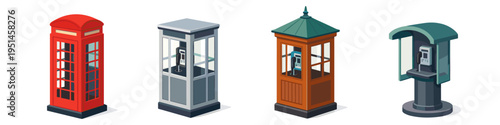 Collection of diverse vintage and modern public telephone booths in isometric view