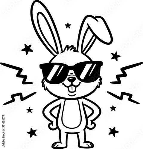 Cool cartoon bunny character wearing large sunglasses with arms akimbo, humorous Easter design with doodle lightning bolts and stars, isolated vector illustration, scalable graphic