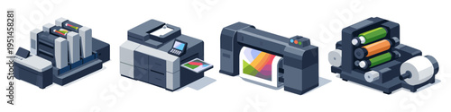 Set of four different printing machines in isometric view, isolated on white background