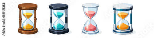 Four colorful hourglasses with sand flowing, representing time passing and measurement