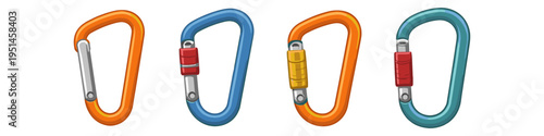Collection of four colorful climbing carabiners with different locking mechanisms