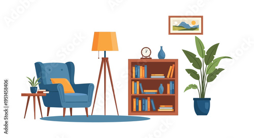 A cozy living room interior shows a chair lamp bookshelf and plants in a flat graphic silhouette high quality professional detailed