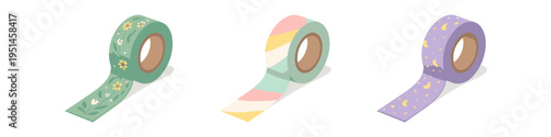 Collection of three decorative washi tapes with unique patterns on white background
