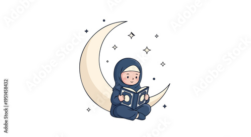 A cartoon child wearing a blue outfit and headscarf sitting on a beige crescent moon with stars, reading a book in a whimsical scene.