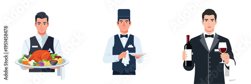 Restaurant staff serving food and wine