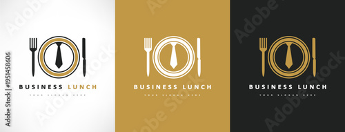 Bow tie, fork, knife and plate of logo. Business lunch design