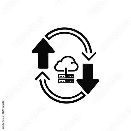 Black and white cloud server with circular arrows