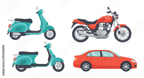 Colorful illustration depicting scooters a motorcycle and a car in a flat vector style silhouette high quality professional detailed modern elegant