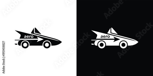 Black and white car with aero text and arrow on side