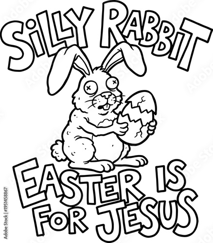 Edgy cartoon zombie style rabbit holding broken Easter egg, religious humor isolated vector illustration with quote - Happy Easter Bruh, doodle art design for non-traditional merch