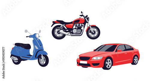 A colorful illustration depicts a motorcycle scooter and sedan showcasing various transportation options in a flat silhouette high quality professional detailed
