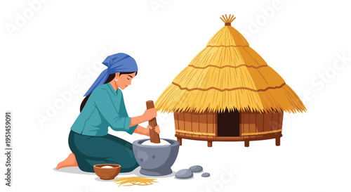 Illustration of a woman grinding grains with a mortar and pestle outside a traditional thatched hut in a rural setting.