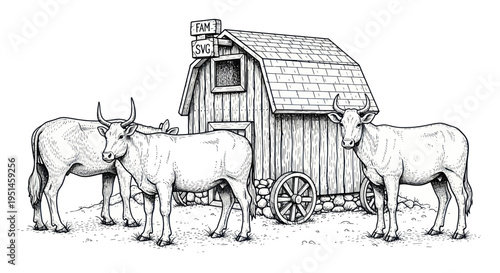 Farm Scene with Cows and Barn Illustration