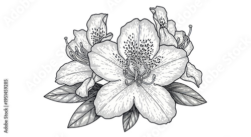 Hand-drawn Azalea Flower Illustration, Botanical Sketch, Black and White Floral Art