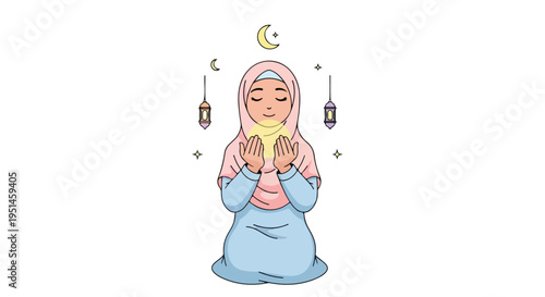 A Muslim woman in a pink and blue hijab and dress praying with hands clasped in front of her face surrounded by lanterns and a crescent moon on a white background with a serene and peaceful