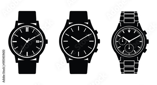 A collection of three wristwatches displayed in a stark black silhouette showcasing diverse designs and styles high quality professional detailed modern