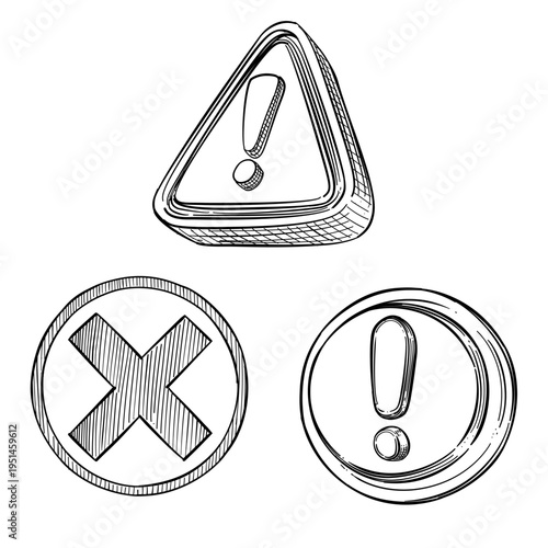 warning caution and cancel signs set vector line art hand drawn illustration