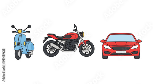 A colorful illustration depicts a scooter motorcycle and car arranged side by side in a flat style silhouette high quality professional detailed modern