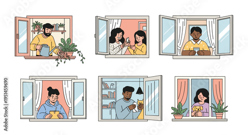 Neighborhood community members seen through various apartment windows engaging in daily domestic activities at home.