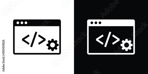 Black and white browser windows with coding symbols and gear
