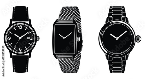 A collection of three distinct wristwatches presented in a stark black and white depiction silhouette high quality professional detailed modern elegant