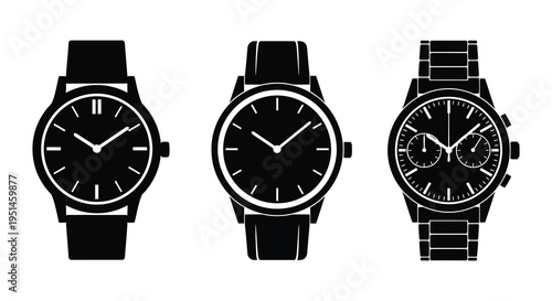 Three black wristwatches with varying designs are displayed creating a striking graphic silhouette high quality professional detailed modern elegant stylish clean