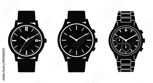 A collection of three wristwatches displayed against a white background showcasing diverse styles a black silhouette high quality professional detailed