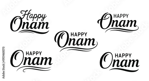 A set of five typographic designs featuring 'Happy Onam' in various black script fonts on a white background with wavy lines.