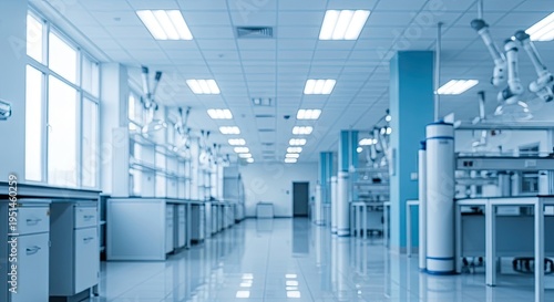 A well lit laboratory interior with various equipment and cabinets along the walls and in the foreground areas