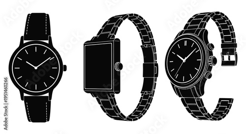 A minimalist depiction of three different wristwatches in black showcasing varying designs and styles silhouette high quality professional detailed modern elegant