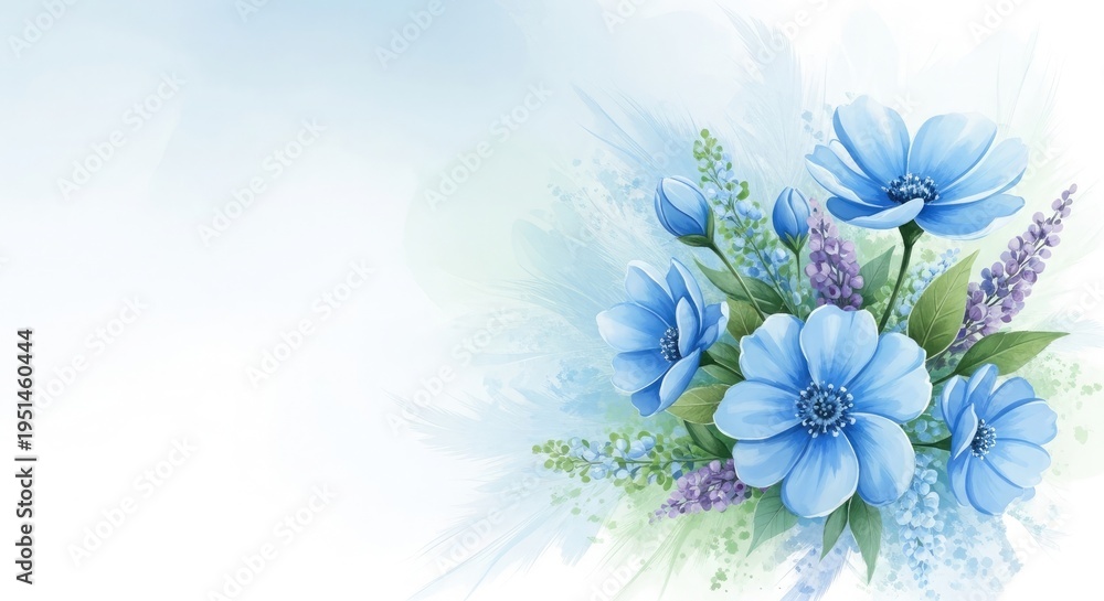 Obraz premium A beautiful bouquet of blue flowers on a soft white and blue background with green leaves and purple accents