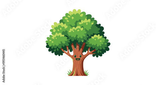 A cheerful cartoon tree with a rounded crown and smiling face stands against a white background silhouette high quality professional detailed